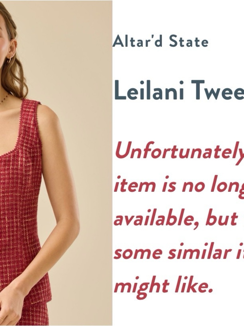 Altar'd State Red Tweed Square-Neck Tank - Picture 3 of 6